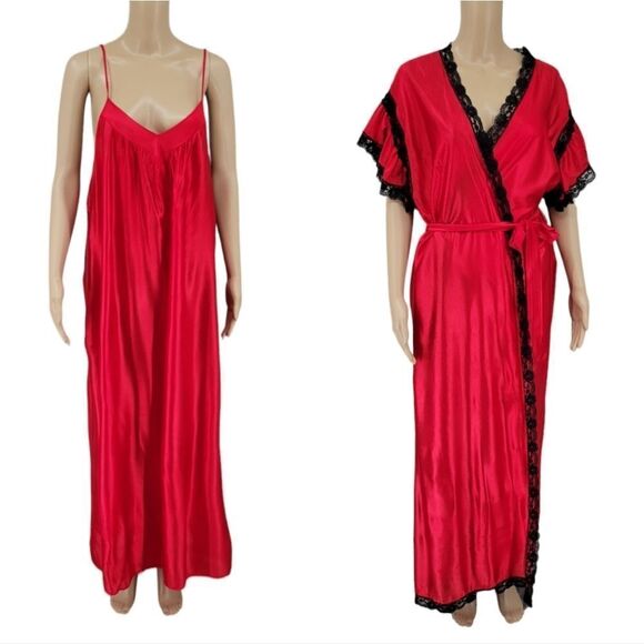 Vandemere Vintage Nightgown and Peignoir Robe Set Red Black Lace Plus Size 1X - Picture 1 of 16